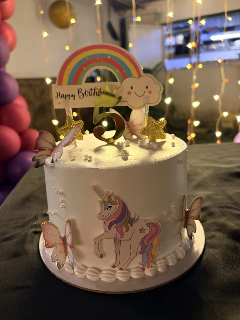 Rainbow and unicorn themed birthday cake