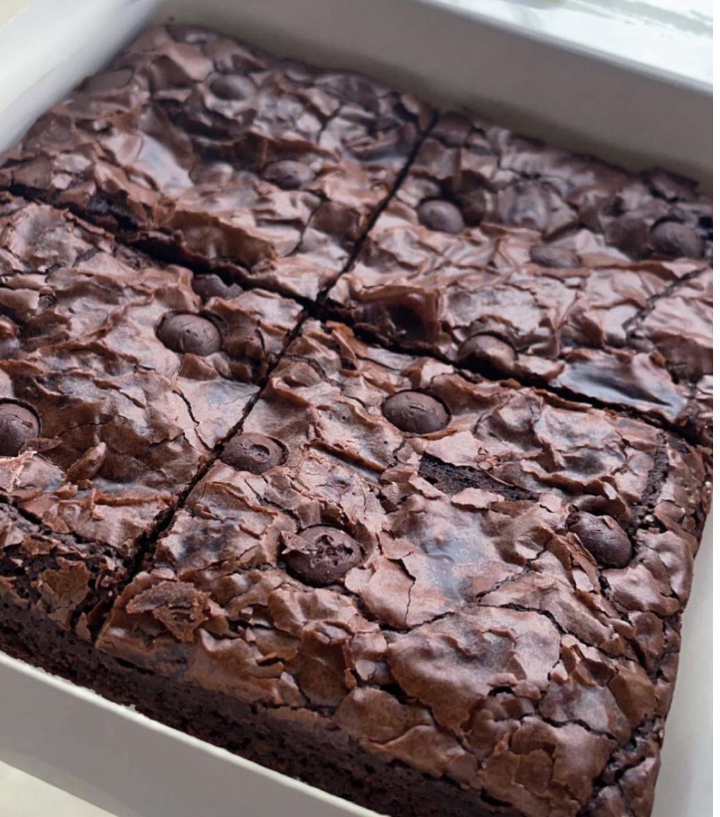 Close-up of freshly baked, fudgy double chocolate brownies